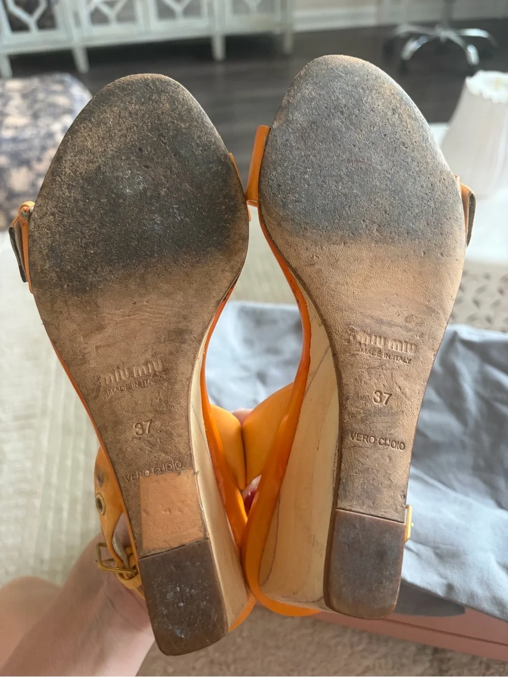 Miu Miu Orange Patent Leather Wedge Sandals with Gold Grommets